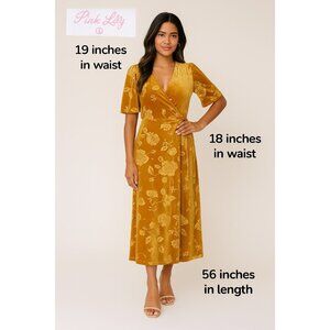 Pink Lily Women’s Velvet Maxi Wrap Dress L Golden Mustard Floral Burnout